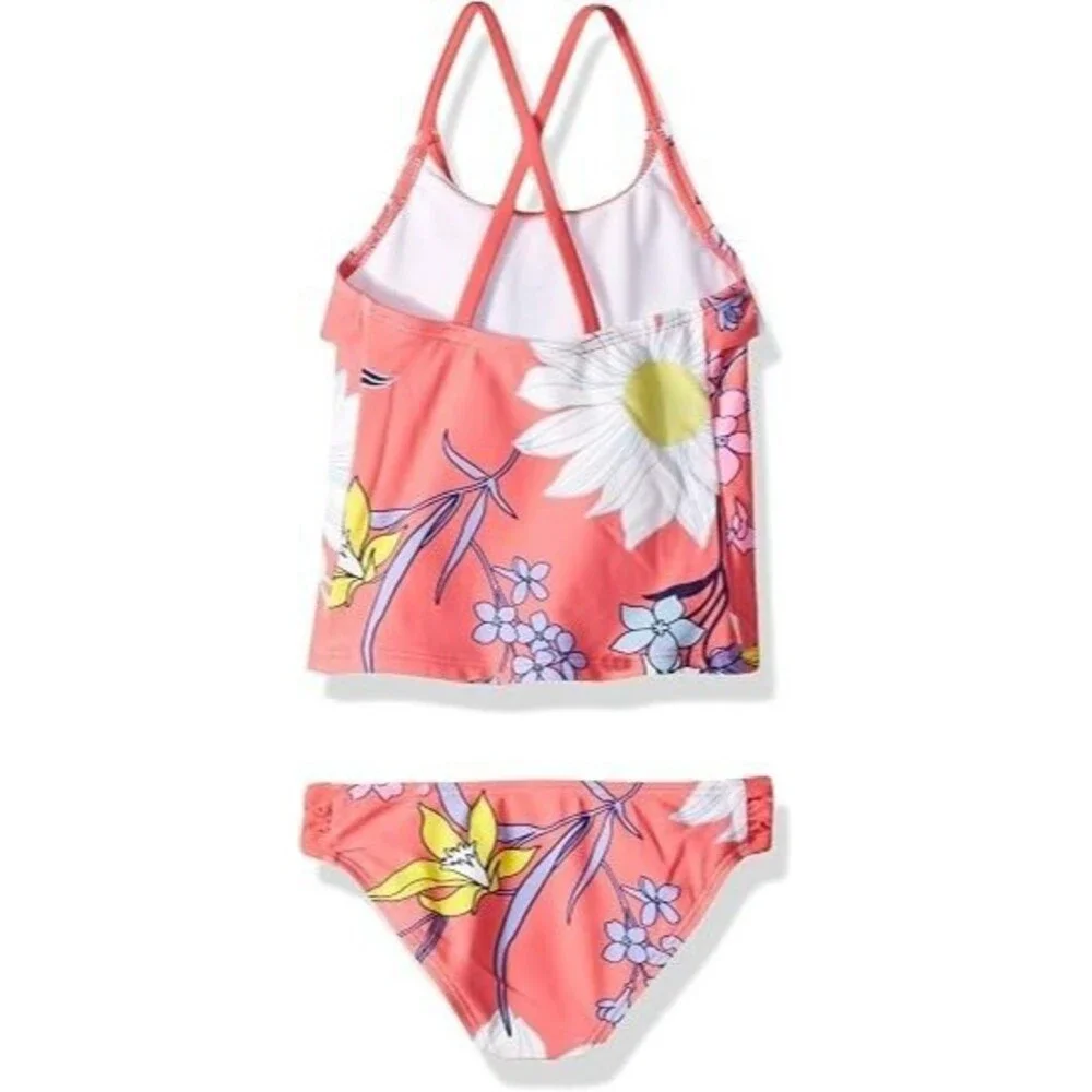 Kanu Surf Girls' 2-Piece Swimsuit 8 Paige Coral Floral Charlotte Flounce Tankini